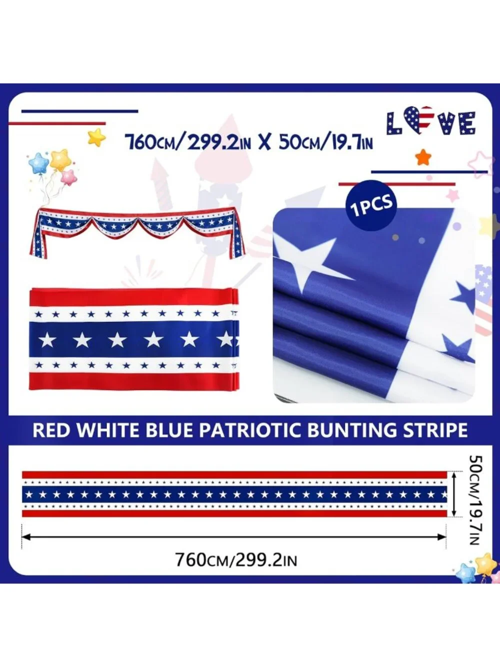 20 Ft Patriotic Bunting Banner with 250 Stars - Red White Blue Decor for 4th of